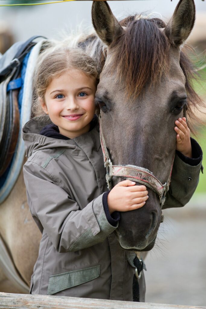 A little girl hugging a horse.