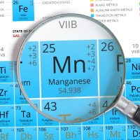Manganese symbol - Mn. Element of the periodic table zoomed with magnifying glass